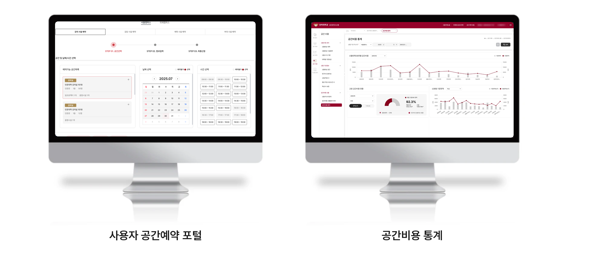 경희대학교 공간관리시스템 사용자 공간예약 포털 및 공간비용 통계 화면