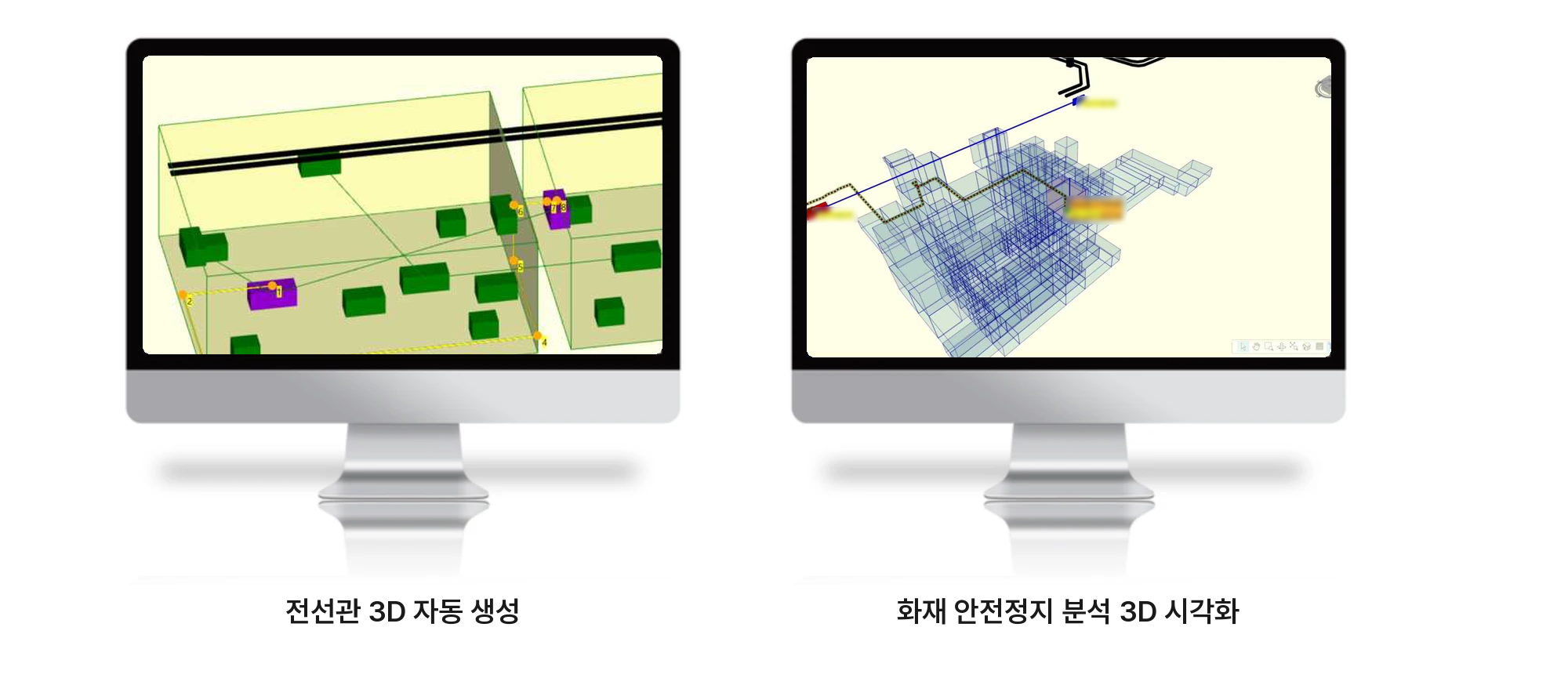한국전력기술 원전 전선관 3D 자동 생성 및 화재 안전정지 분석 3D 시각화 화면
